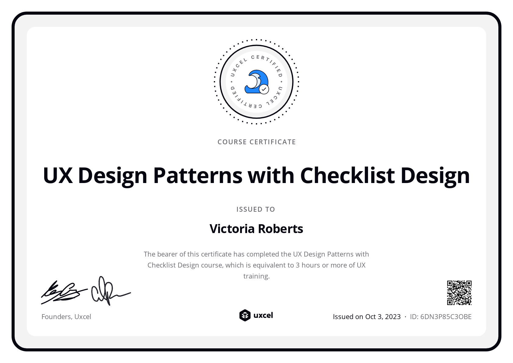 Victoria Roberts's certificate